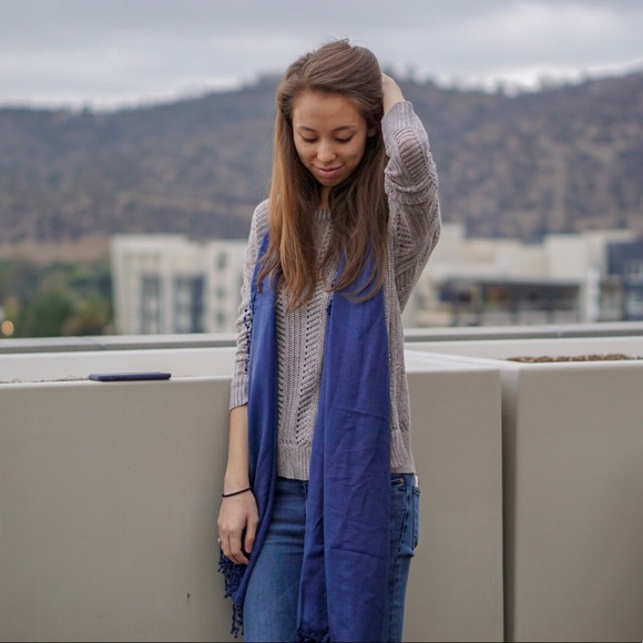 La Fiorentina Navy Blue Silk & Wool Fringe Scarf - Picture 1 of 4
